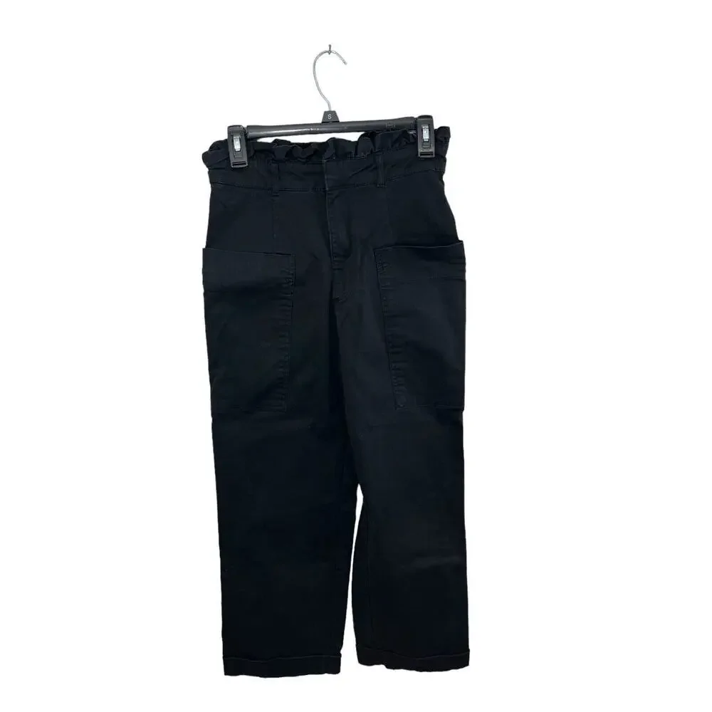 Zara High Waisted Black Pants Paperbag Waist Side Pockets Small Wide Leg